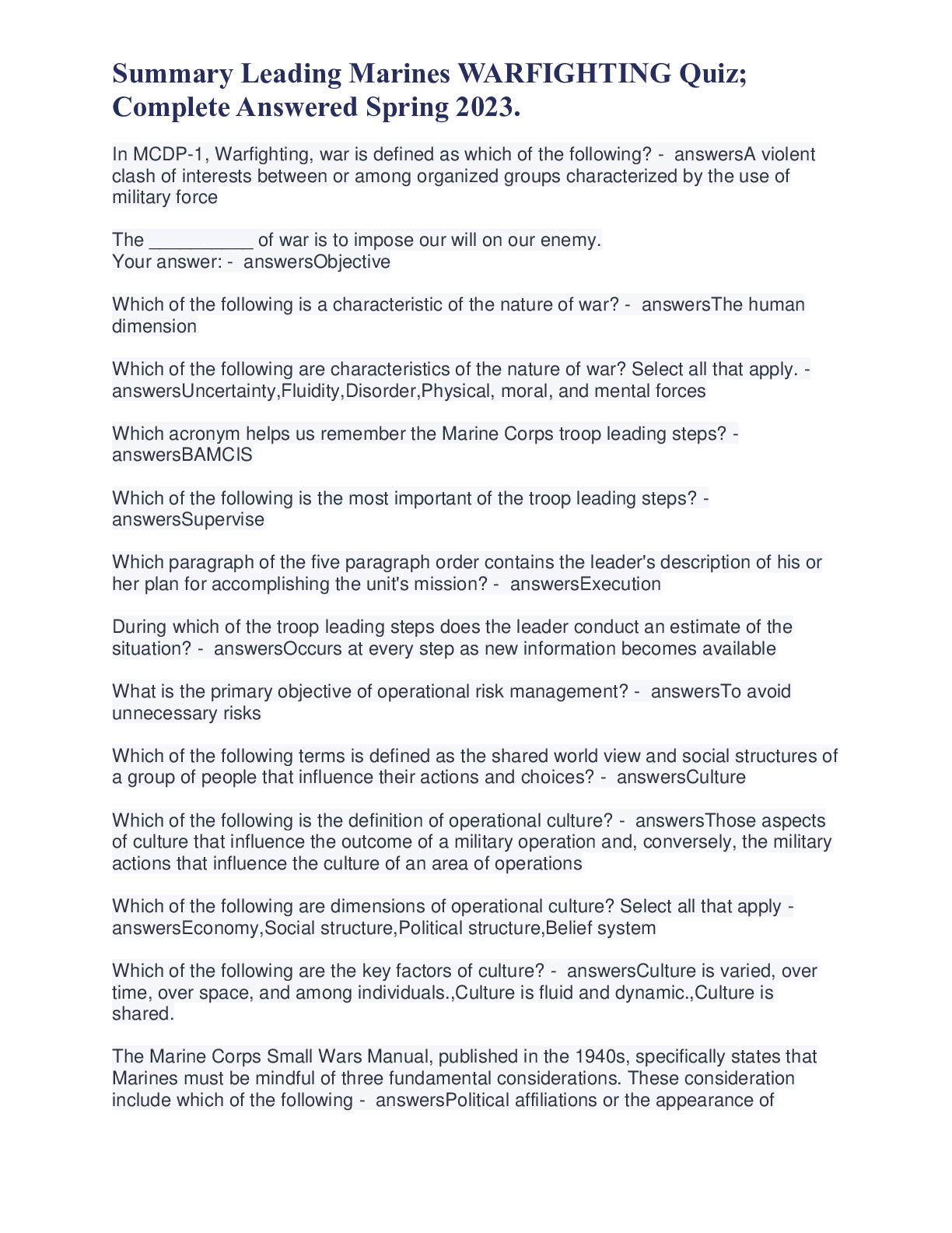 Preview image for Summary Leading Marines WARFIGHTING Quiz; Complete Answered Spring 2023.